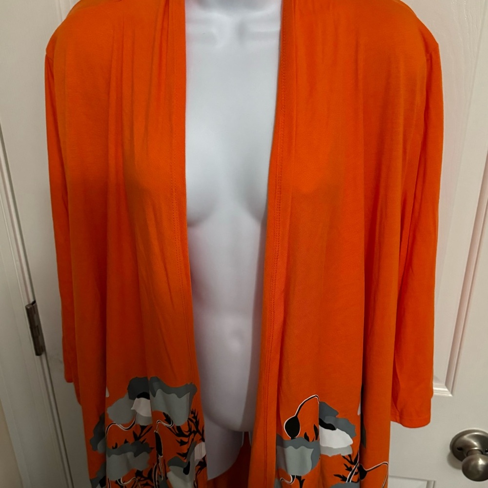 Poppy Flower Stretch Knit Windowpane Lightweight Open Front  Orange  Jacket 2X